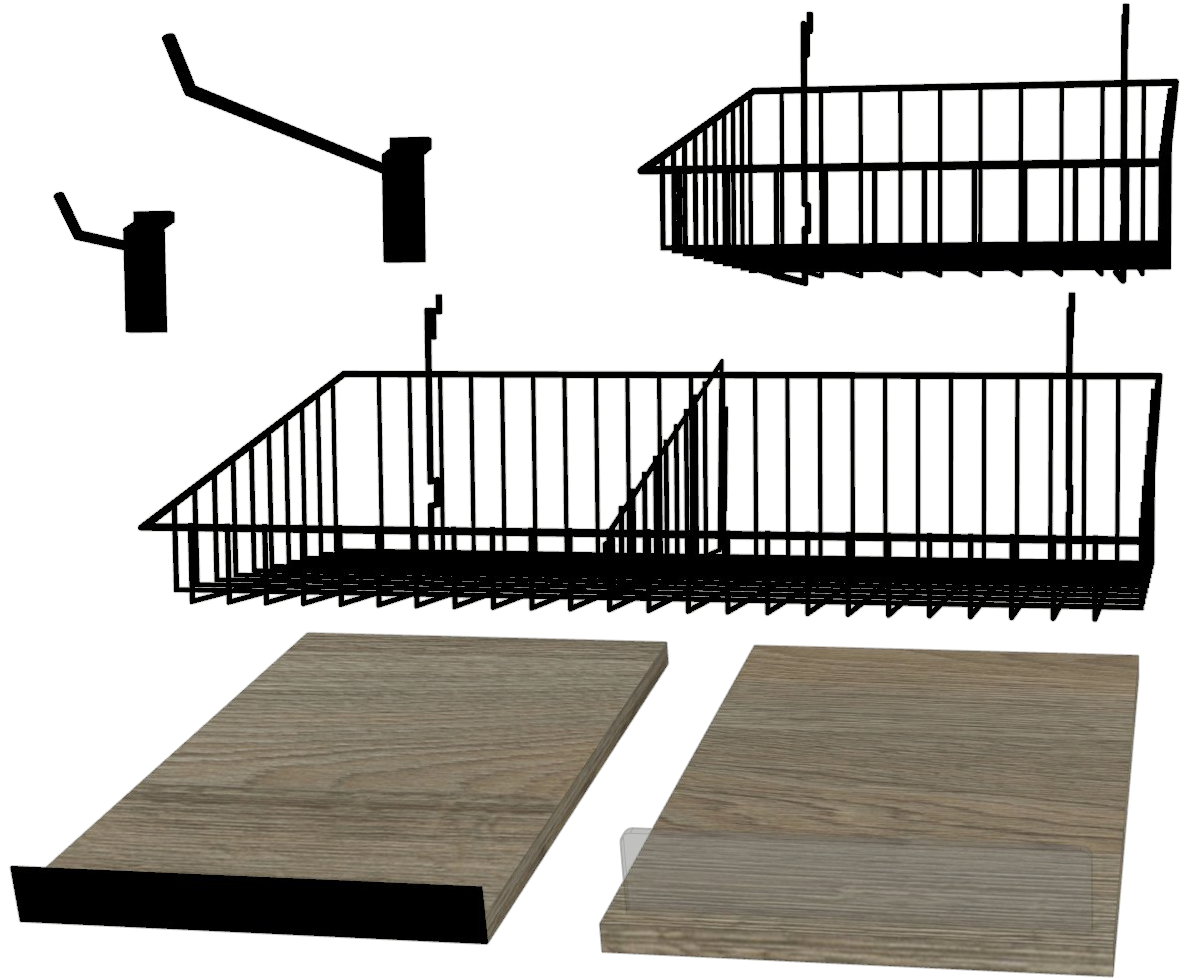 Pegs, Baskets, Shelves, Dividers and Pushers
